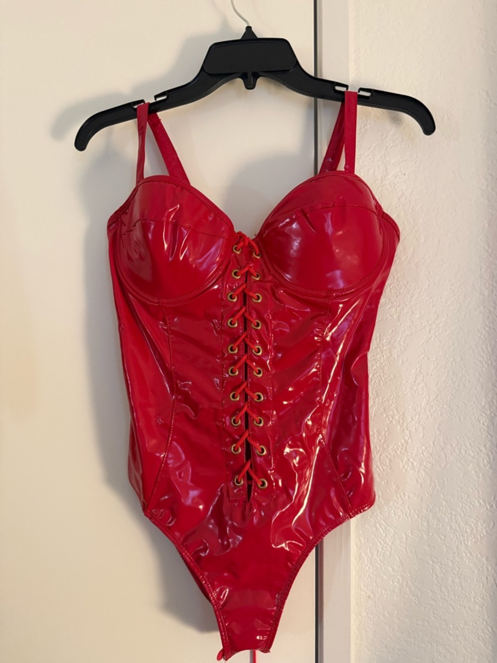 Forplay Red Patent Lace-Up Bustier Bodysuit